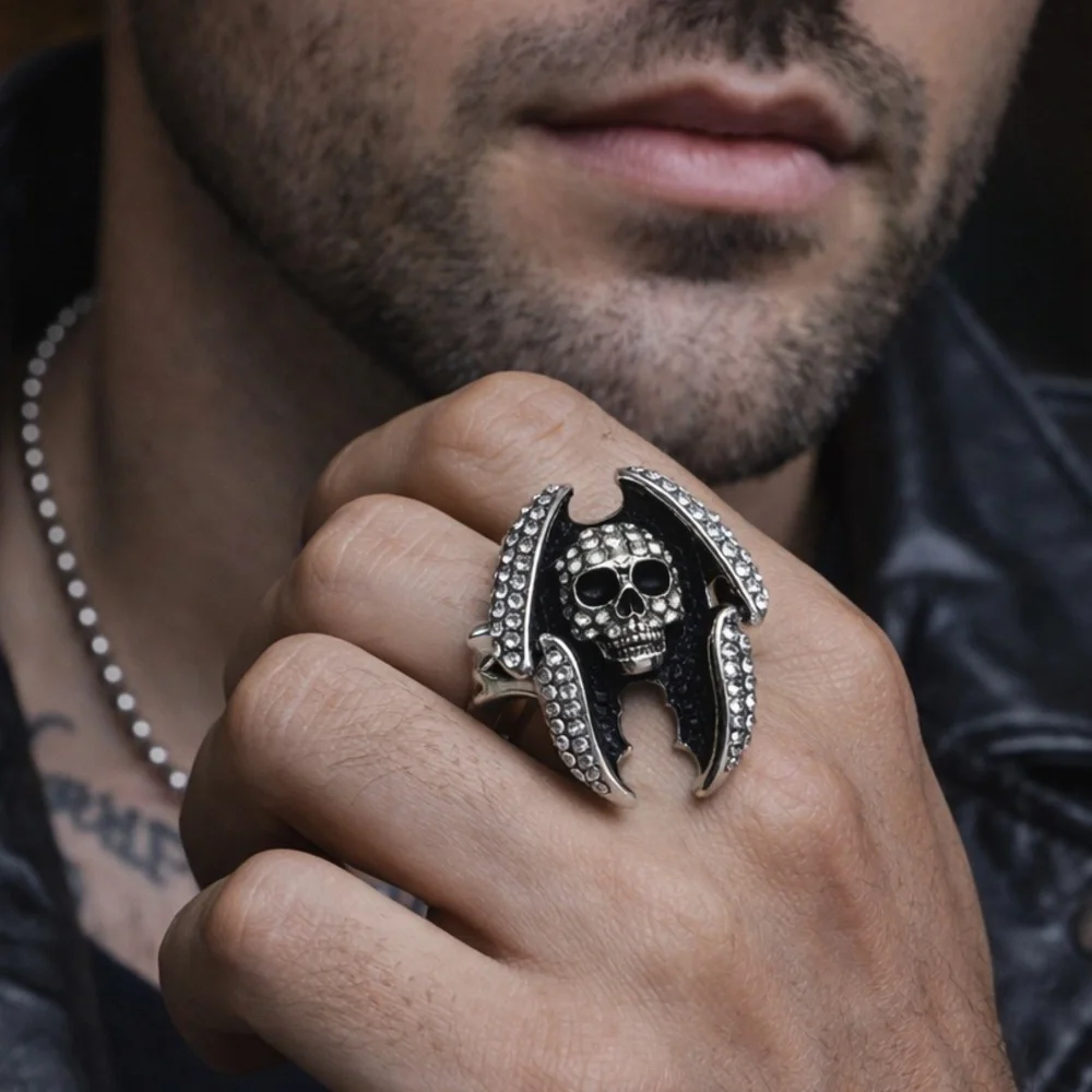 Size 12 Skull Bat Wing Rhinestone Ring Silver Tone Goth Statement NWOT